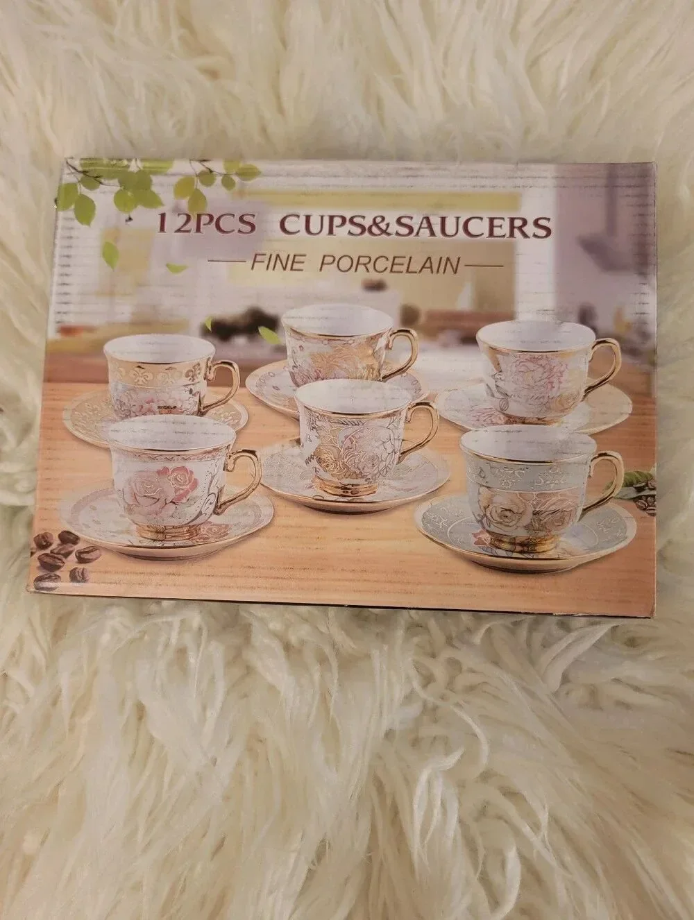 🆕️🍵12 Piece Fine Porcelain Cups & Saucers Set, Green/Peach Floral